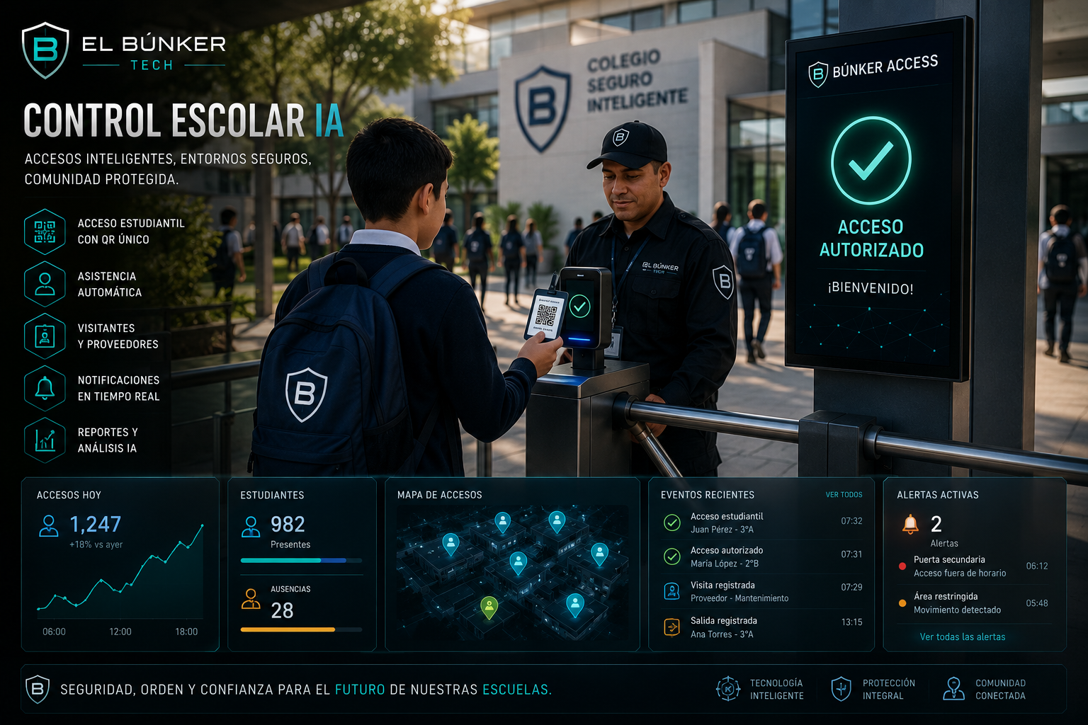 Acceso escolar seguro con seguimiento de estudiantes y visitantes
